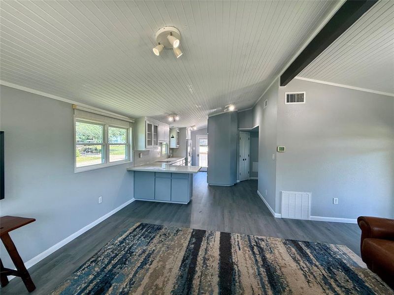 Living area into kitchen.