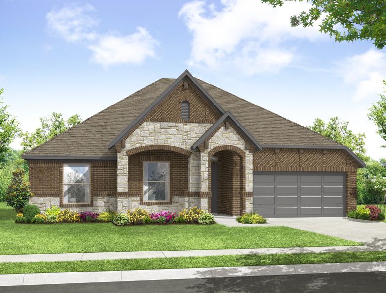 Representative exterior photo of a completed home built from the Donnington by Impression Homes in Timberbrook, Justin, TX (Image 11). Representative exterior photo of a completed home built from the Donnington by Impression Homes in Timberbrook, Justin, TX (Image 11).