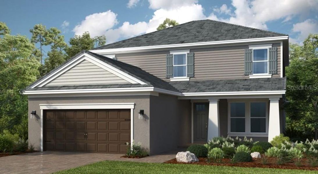 Front exterior of a new home in Hammock at Two Rivers, Zephyrhills, FL, highlighting curb appeal (Image 1). Front exterior of a new home in Hammock at Two Rivers, Zephyrhills, FL, highlighting curb appeal (Image 1).