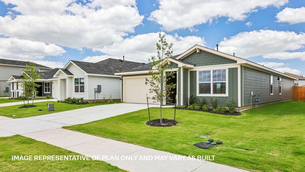 Front exterior of a new home in Valverde, Bastrop, TX, highlighting curb appeal (Image 19). Front exterior of a new home in Valverde, Bastrop, TX, highlighting curb appeal (Image 19).
