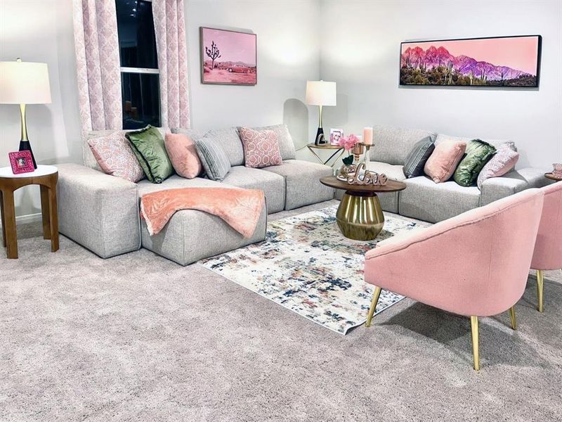 Living room with carpet floors