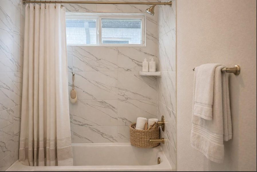 Conveniently located and staged upstairs shower with easy bedroom access.