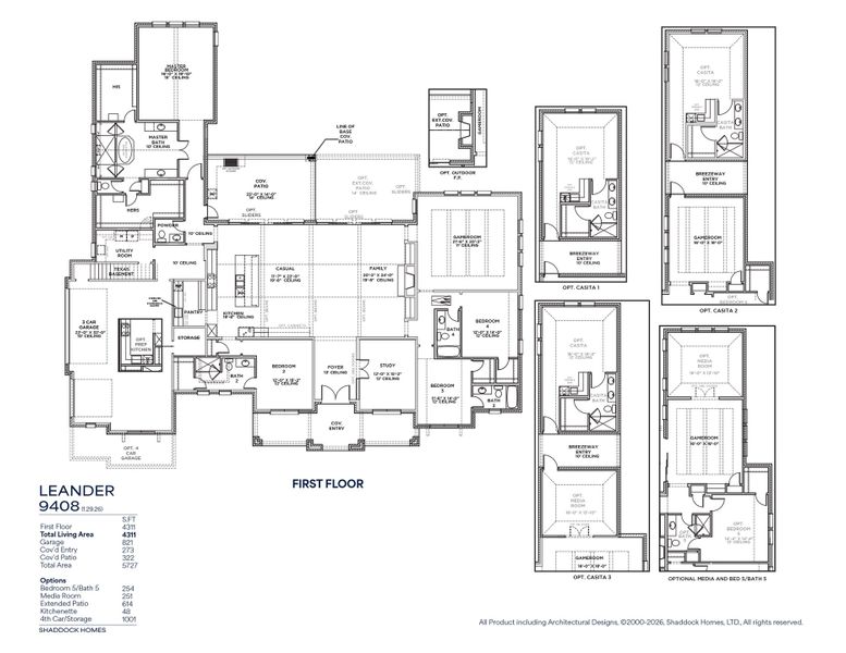 2D floor plan layout for the Leander - 9408 by Shaddock Homes in King's Crossing - Phase 3, Parker, TX (Image 3).