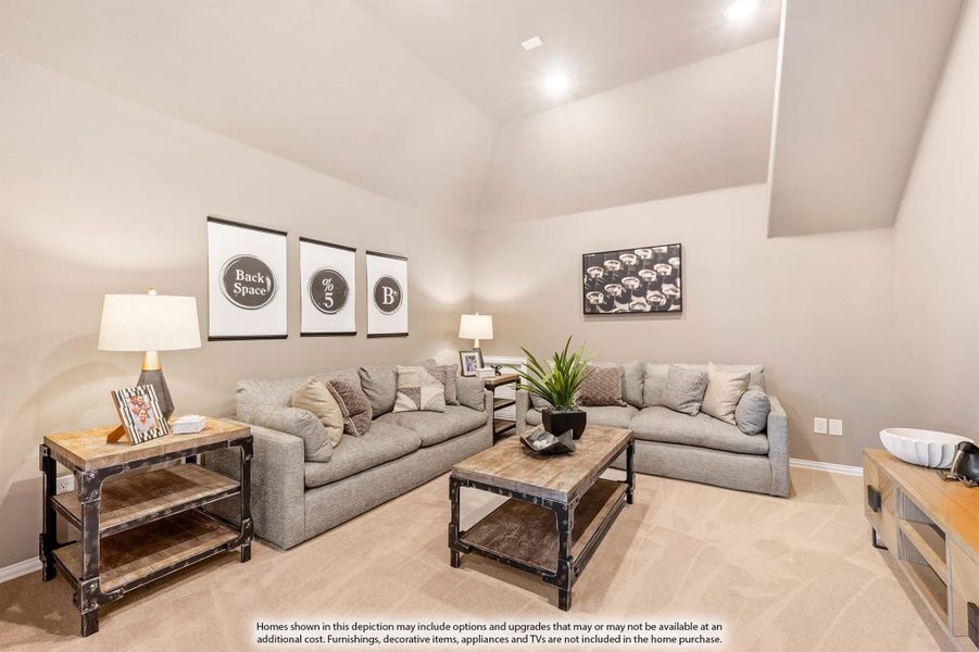Living room with two gray sofas, wood coffee table, vaulted ceiling, and neutral carpet flooring Living room with two gray sofas, wood coffee table, vaulted ceiling, and neutral carpet flooring