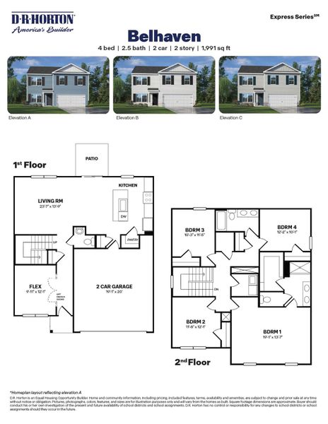 2D floor plan layout for the Belhaven by D.R. Horton in Blair Ridge, La Grange, NC (Image 3).