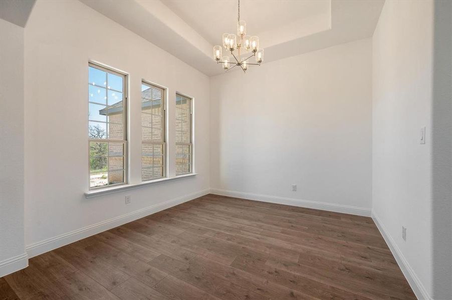 Spare room featuring a wealth of natural light, a chandelier, and dark hardwood / wood-style floors