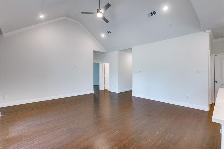 Empty room with wood-type flooring, ceiling fan, and high vaulted ceiling