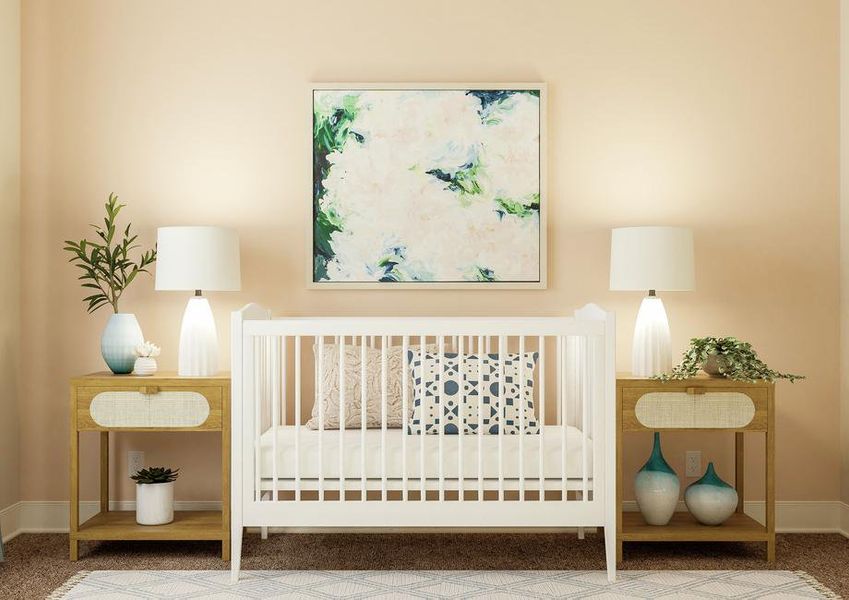 Rendering of a fourth bedroom converted
  into a nursery showing a white crib with matching nightstands with beige
  carpet flooring throughout.