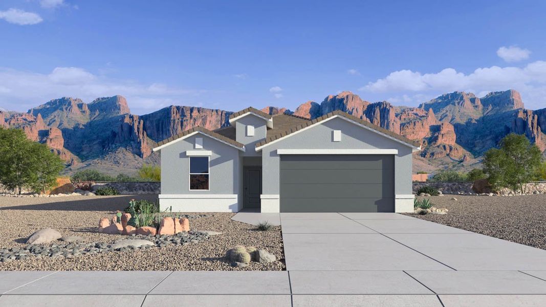 Front exterior of a new home in Moonlight, Maricopa, AZ, highlighting curb appeal (Image 1). Front exterior of a new home in Moonlight, Maricopa, AZ, highlighting curb appeal (Image 1).