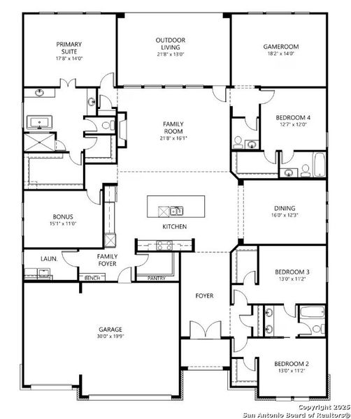 2D floor plan layout of this home in Kinder Ranch 70's, San Antonio, TX (Image 2).