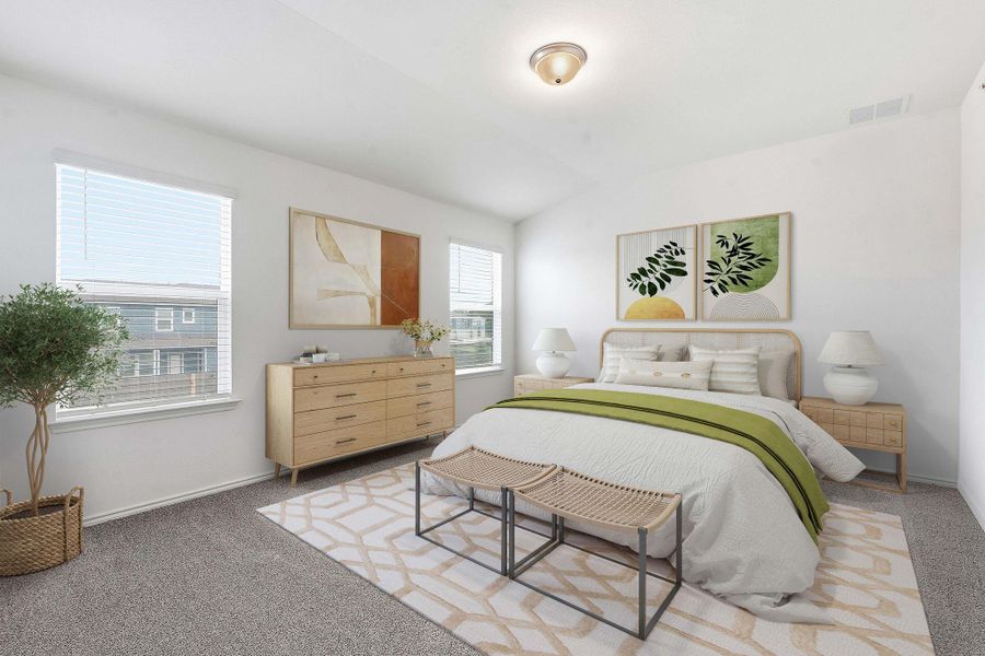 Spacious bedroom featuring vaulted ceilings, light gray carpeting, multiple windows with blinds, and recessed lighting Spacious bedroom featuring vaulted ceilings, light gray carpeting, multiple windows with blinds, and recessed lighting
