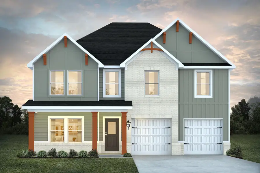 Front exterior of a new home in The Woodlands Preserve, Jackson, GA, highlighting curb appeal (Image 1). Front exterior of a new home in The Woodlands Preserve, Jackson, GA, highlighting curb appeal (Image 1).