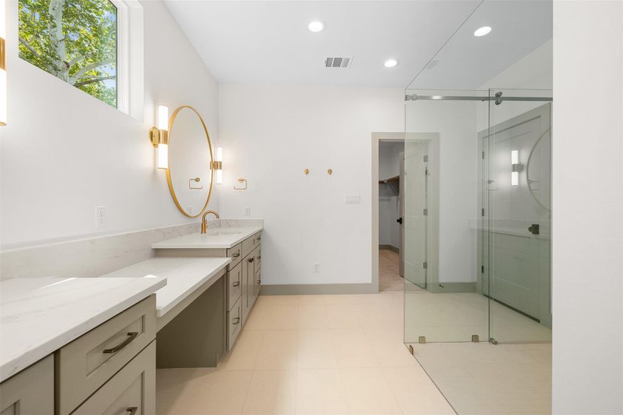 primary bath w/ spacious walk in shower, double vanity primary bath w/ spacious walk in shower, double vanity