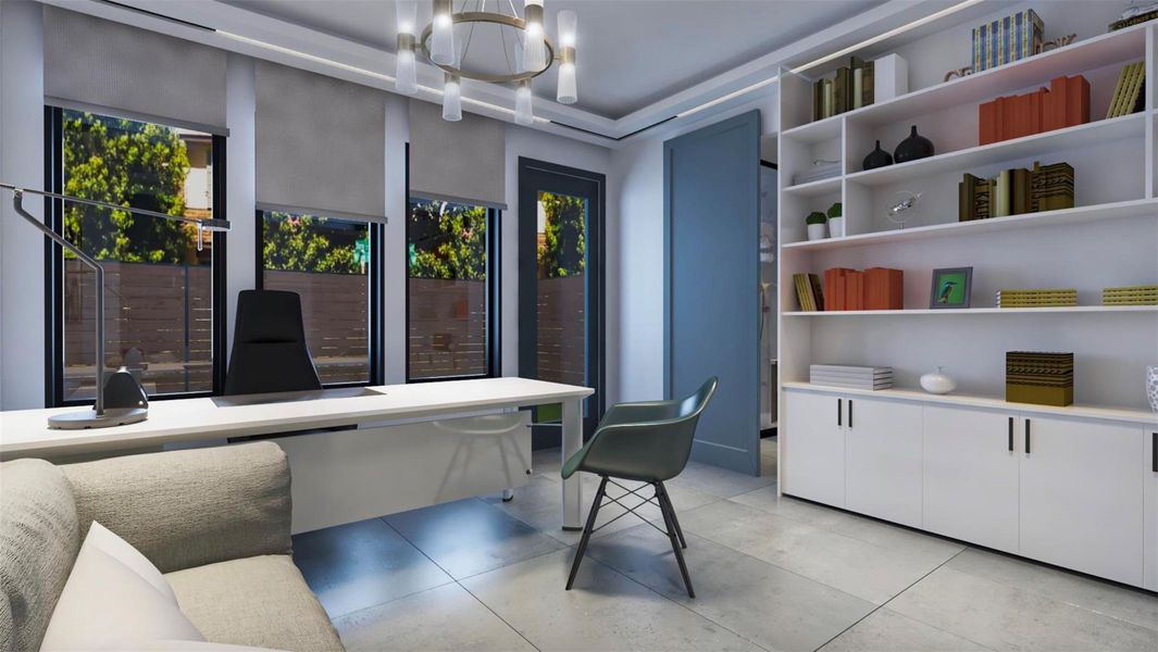 A bright and modern home office with large windows, sleek furniture, and ample built-in shelving. Ideal for working from home, it features a stylish desk, comfortable seating, and abundant natural light. Virtually staged. A bright and modern home office with large windows, sleek furniture, and ample built-in shelving. Ideal for working from home, it features a stylish desk, comfortable seating, and abundant natural light. Virtually staged.