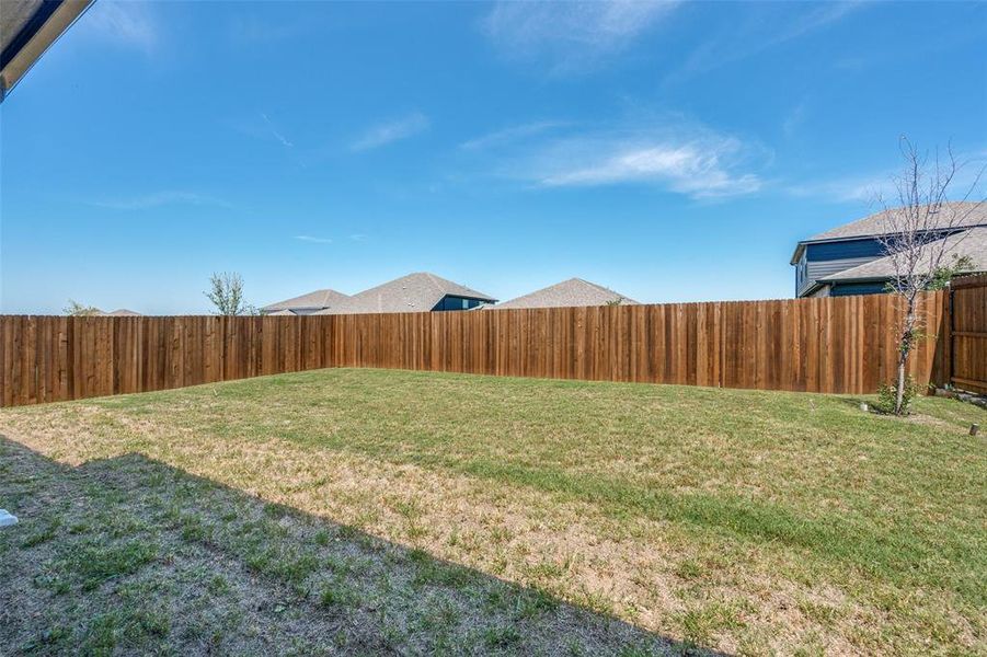 Expansive backyard featuring a large grass lawn and a tall privacy fence Expansive backyard featuring a large grass lawn and a tall privacy fence