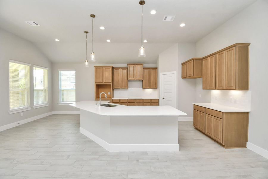 This kitchen is by far any chef’s dream! This spacious kitchen features high ceilings, stained wood cabinets, granite countertop, SS appliances, modern tile backsplash, recessed lighting, extended counter space, granite kitchen island with double sink, and space for breakfast bar, and a walk-in pantry all overlooking your huge family room. This kitchen is by far any chef’s dream! This spacious kitchen features high ceilings, stained wood cabinets, granite countertop, SS appliances, modern tile backsplash, recessed lighting, extended counter space, granite kitchen island with double sink, and space for breakfast bar, and a walk-in pantry all overlooking your huge family room.