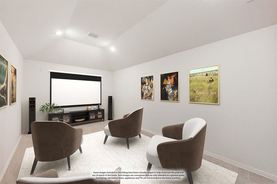 Media room with large projection screen, tower speakers, and four lounge chairs on a patterned rug