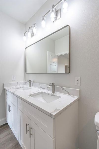 Bathroom featuring vanity, toilet, and wood-type flooring