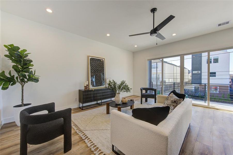 This open floorplan allows the natural light from the kitchen and balcony to entry your combined living room / dining room. This oversized living area is perfect for entertaining or hosting guests!