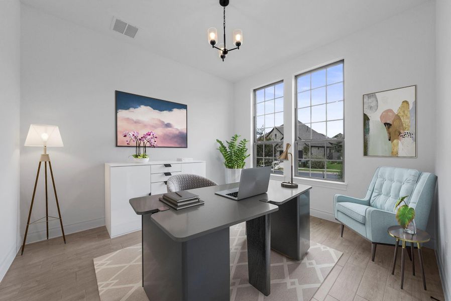 Bright and airy home office with large windows for abundant natural light, virtually staged to showcase its potential as a stylish and functional workspace.