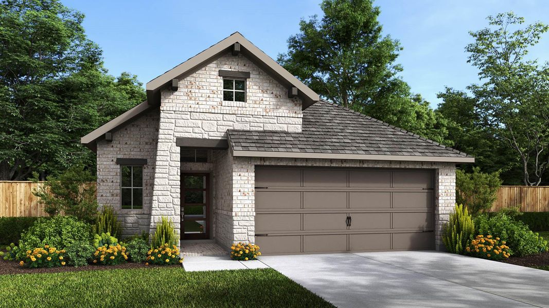 Front exterior of a new home in Meridiana 40'/45', Manvel, TX, highlighting curb appeal (Image 1). Front exterior of a new home in Meridiana 40'/45', Manvel, TX, highlighting curb appeal (Image 1).