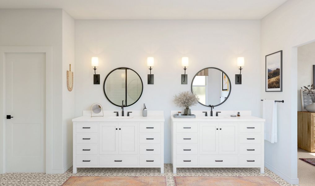 Primary bath with dual mirrors and freestanding vanities Primary bath with dual mirrors and freestanding vanities