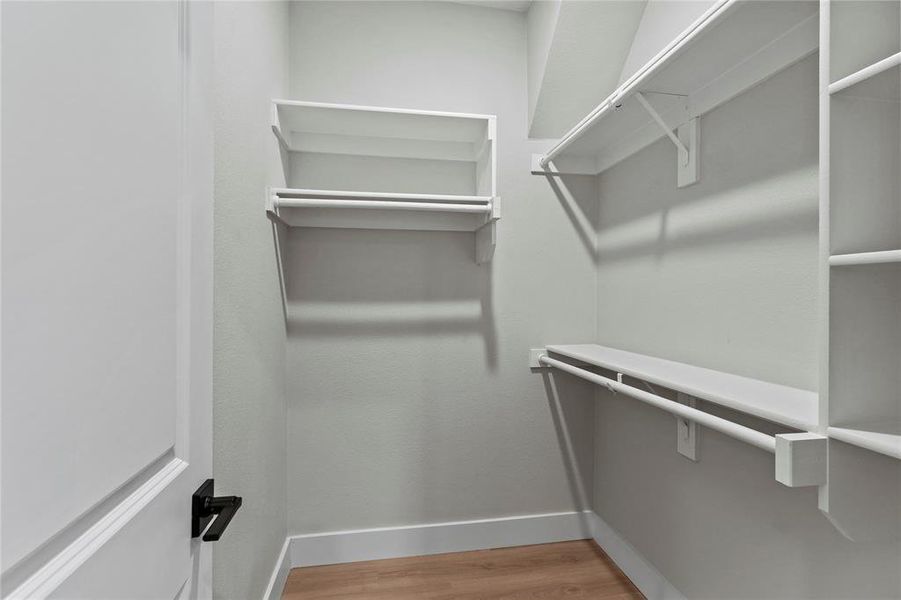 Walk in closet with wood-type flooring