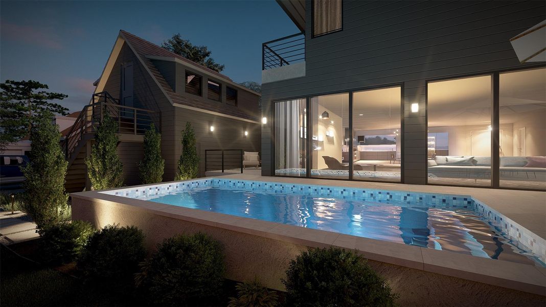 An inviting elevated swimming pool anchors the backyard space adjacent to modern sliding glass walls. An inviting elevated swimming pool anchors the backyard space adjacent to modern sliding glass walls.