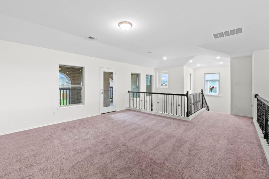 Spacious bonus room featuring plush carpeting, white walls, multiple windows, a glass-paneled door, and black wrought iron railings