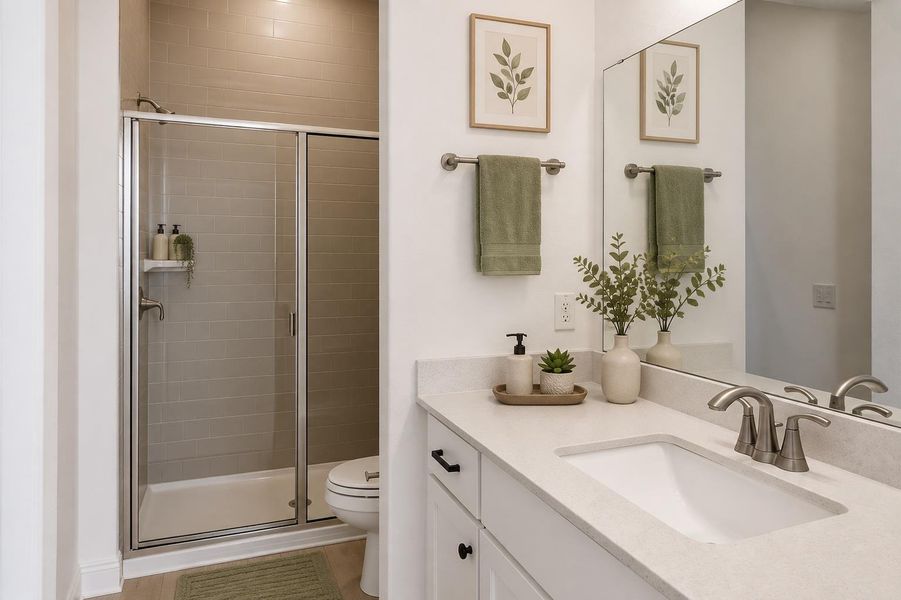 Virtually staged. A well-appointed bathroom features a shower with subway tile and a modern vanity. Virtually staged. A well-appointed bathroom features a shower with subway tile and a modern vanity.