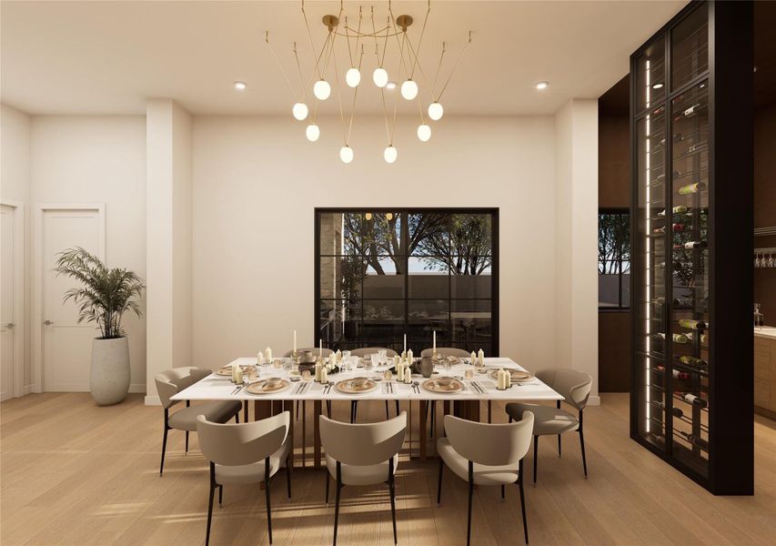 An elegant dining experience awaits beneath a sculptural chandelier that casts a warm, inviting glow over intimate gatherings and celebratory dinners alike. Framed by expansive windows and complemented by a striking glass-enclosed wine display, this space is designed for memorable evenings that linger long after dessert. An elegant dining experience awaits beneath a sculptural chandelier that casts a warm, inviting glow over intimate gatherings and celebratory dinners alike. Framed by expansive windows and complemented by a striking glass-enclosed wine display, this space is designed for memorable evenings that linger long after dessert.