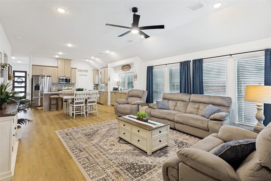 View from living area towards dining area and kitchen