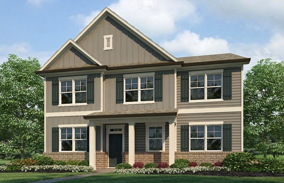 Front exterior of a new home in Braselton Village, Braselton, GA, highlighting curb appeal (Image 1). Front exterior of a new home in Braselton Village, Braselton, GA, highlighting curb appeal (Image 1).