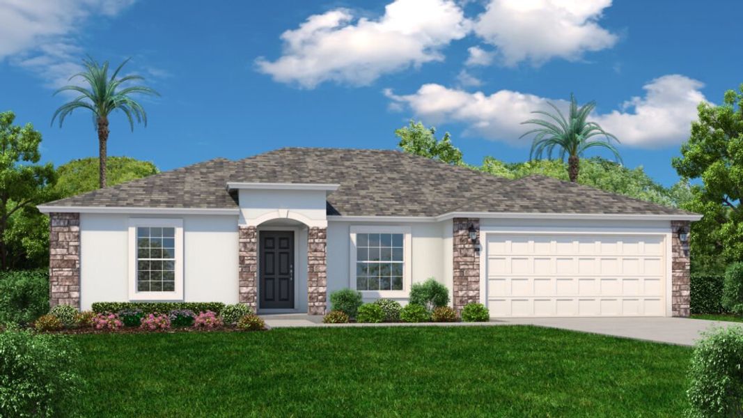 Front exterior of a new home in Palm Bay & South Brevard, Palm Bay, FL, highlighting curb appeal (Image 1).