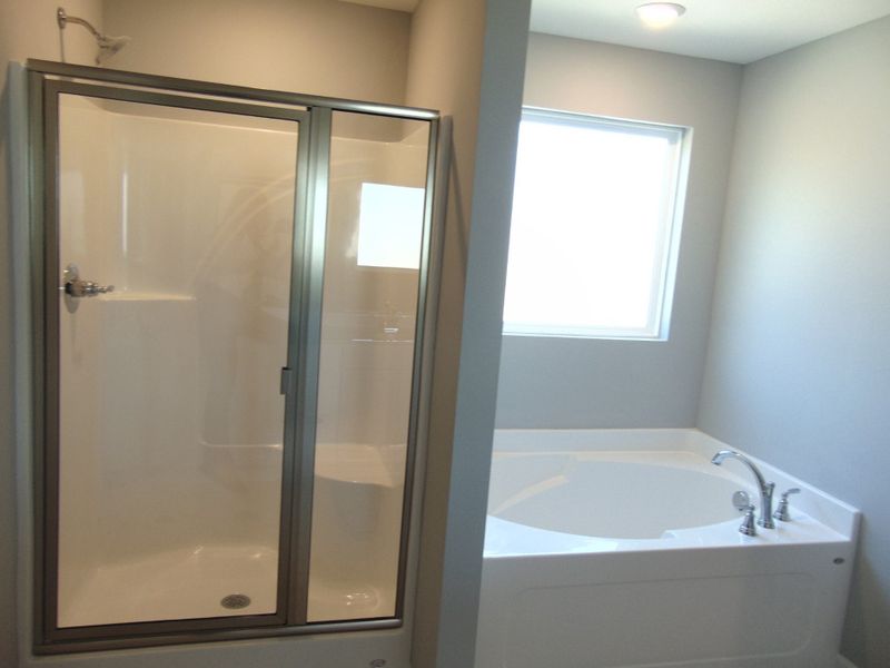 The primary bath includes a modern soaking tub for relaxation, and a shower. As well as two sinks, an elongated toilet, and your spacious closet.
