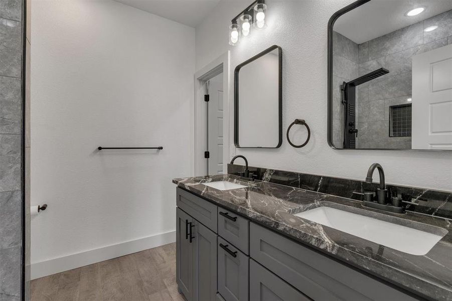 Dual sinks in master bathroom.