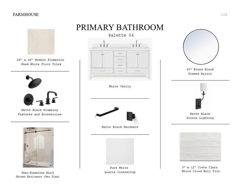 Farmhouse Look Palette 6: Primary Bathroom Selection Sheet (*Artist rendering used for illustration purposes only.)