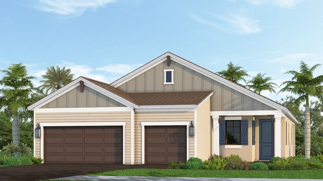 Front exterior of a new home in Grand Park Real Estate and Homes for Sale in Sarasota, FL - Neal Communities, Sarasota, FL, highlighting curb appeal (Image 4).