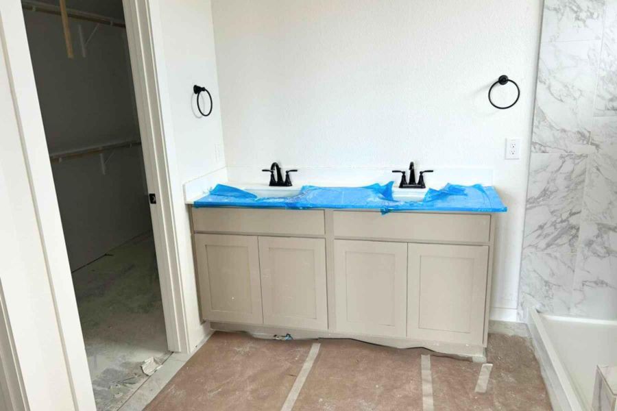 Full bath with double vanity and a walk in closet