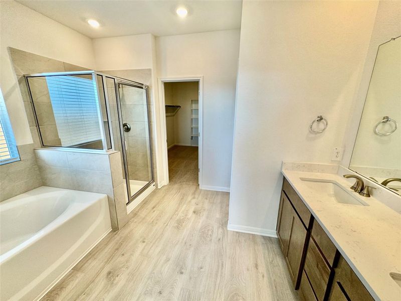 Full bathroom featuring a walk in closet, double vanity, light wood-style flooring, a bath, and a shower stall