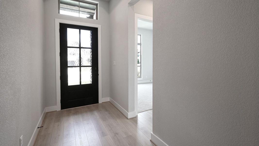 Foyer with a textured wall, plenty of natural light, and light wood-type flooring