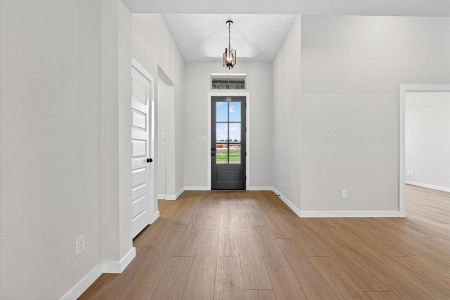 Entryway featuring wood-finish flooring, a contemporary dark-paneled door with glass inserts and transom window, a decorative pendant light fixture, and neutral painted walls