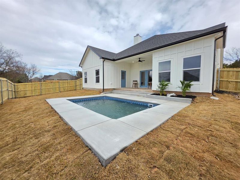 Back of the house structure picture and covered porch, angled picture of the pool and the backyard.
