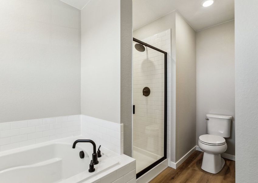 The master bathroom has a soaking tub and step in shower.