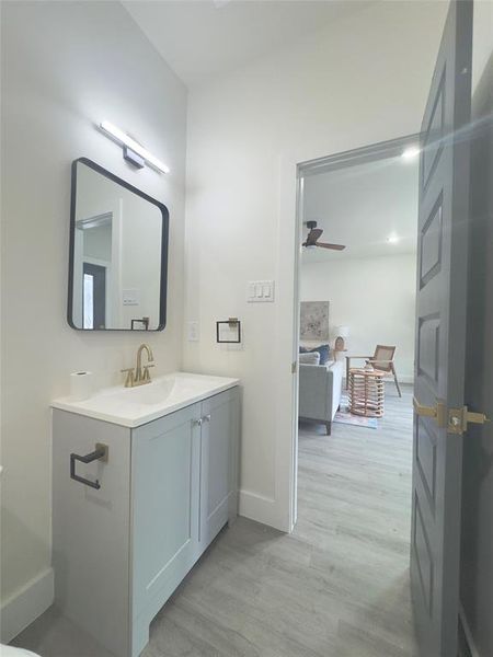 Bathroom featuring wood-type flooring, vanity, and ceiling fan