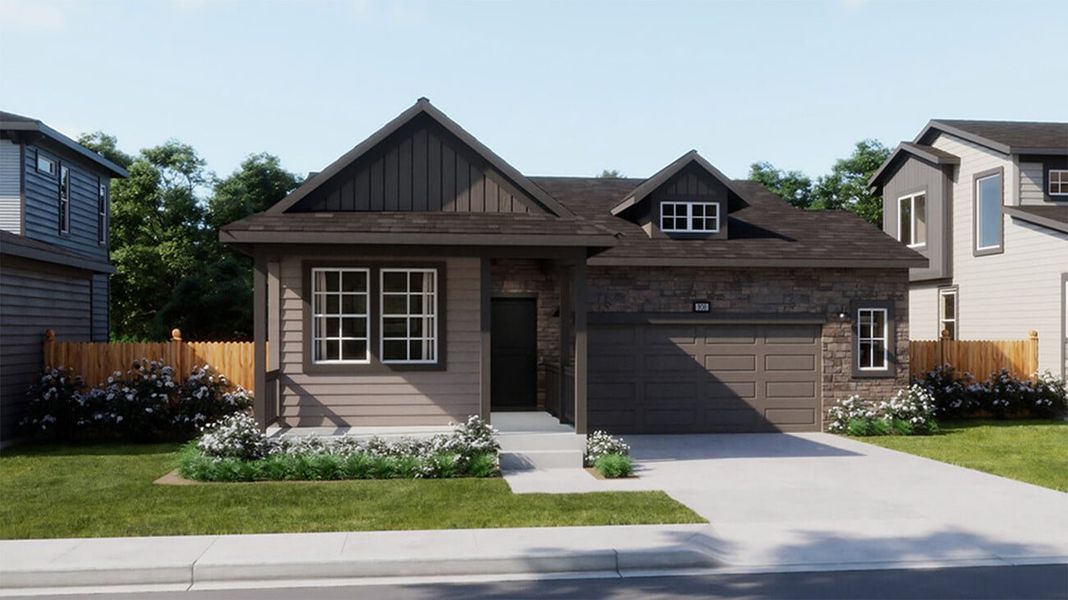 Representative exterior photo of a completed home built from the 3502 by Risewell Homes in The Cottages Collection at Ridgeline Vista, Brighton, CO (Image 2). Representative exterior photo of a completed home built from the 3502 by Risewell Homes in The Cottages Collection at Ridgeline Vista, Brighton, CO (Image 2).