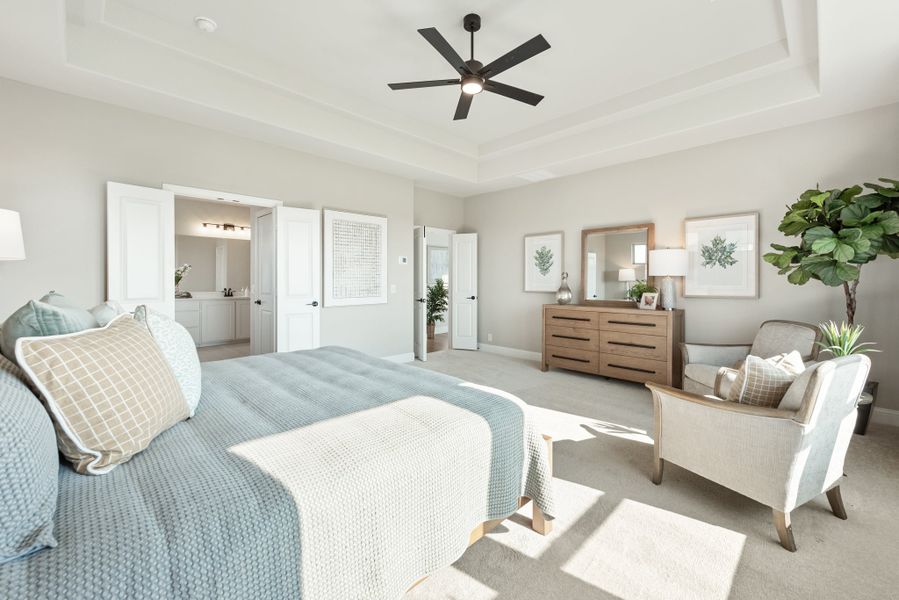 Master bedroom with tray ceiling, ceiling fan, carpet floors, and open doors leading to ensuite bathroom and closet