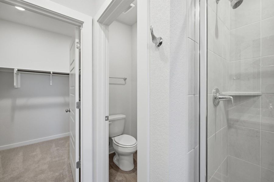 A well-appointed bathroom features a separate toilet room, shower with sleek tile, and an adjacent walk-in closet.
