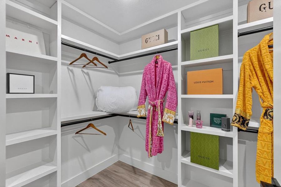 Walk-in closet featuring built-in shelving, hanging rods, and wood-finish flooring