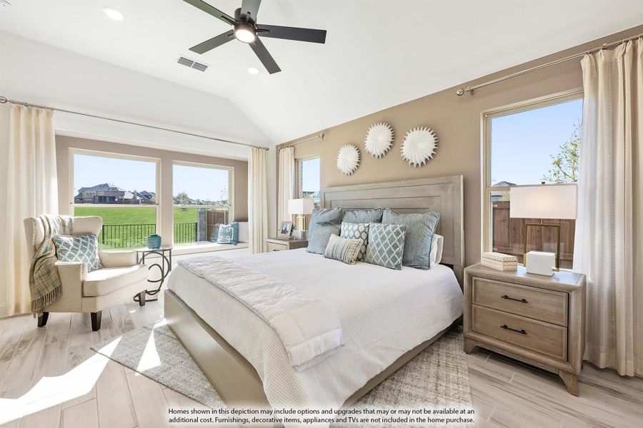 Master bedroom with vaulted ceiling, ceiling fan, large windows, and light wood floors Master bedroom with vaulted ceiling, ceiling fan, large windows, and light wood floors